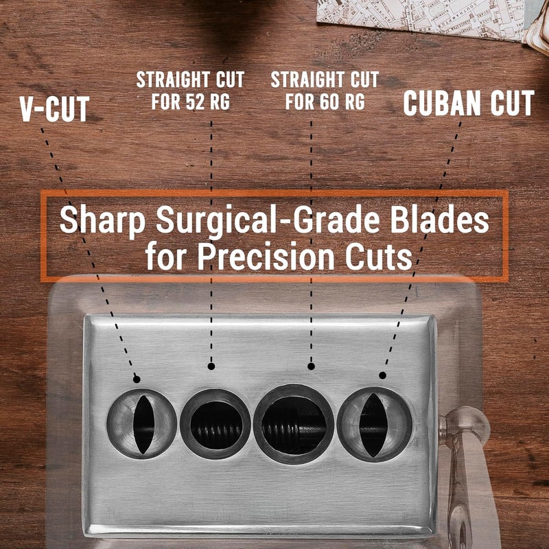 Cigar Essentials Oasis Classic Desktop Quad Cutter - Straight or V-Cut for 52-60 Ring Gauge - Table Top Cutter - Your Cut Buddy Tool - Aluminum, Stainless Steel - 6"L x 4.25"W - Silver - Image 2